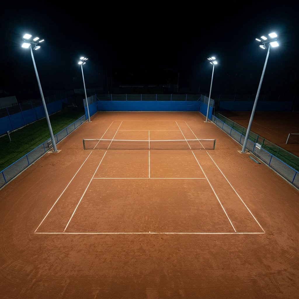 Освещение теннисного корта светодиодными прожекторами на мачтах по периметру