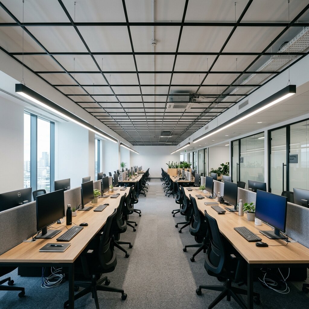 Освещение офиса open space подвесными линейными светодиодными светильниками