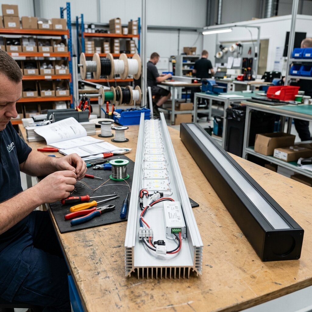 Сборка нестандартного линейного LED-светильника для архитектурной подсветки на производстве