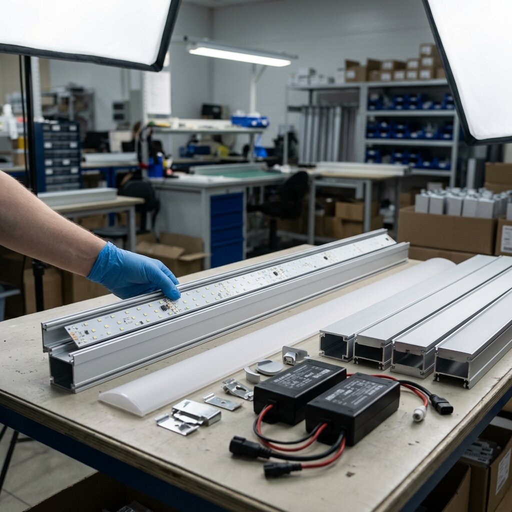 Производство линейного светодиодного светильника DC-Light: сборка алюминиевого профиля и LED-модуля