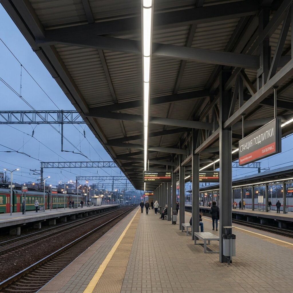 Освещение пассажирской платформы ЖД станции линейными светильниками под навесом