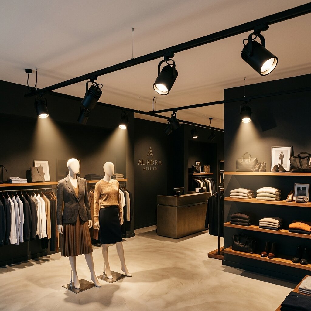 Трековые акцентные светильники с узким лучом в торговом зале бутика одежды