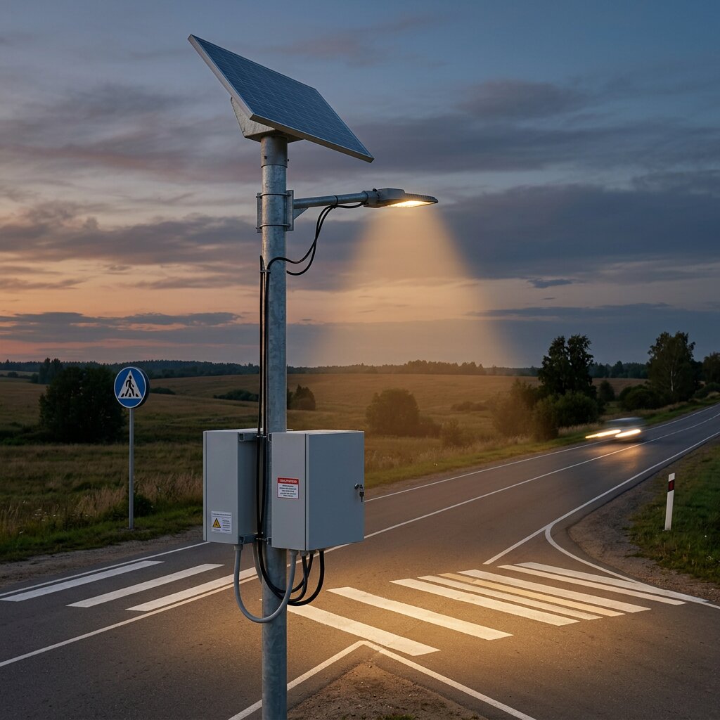 Автономная опора освещения пешеходного перехода с солнечной батареей и светодиодным светильником на загородной дороге