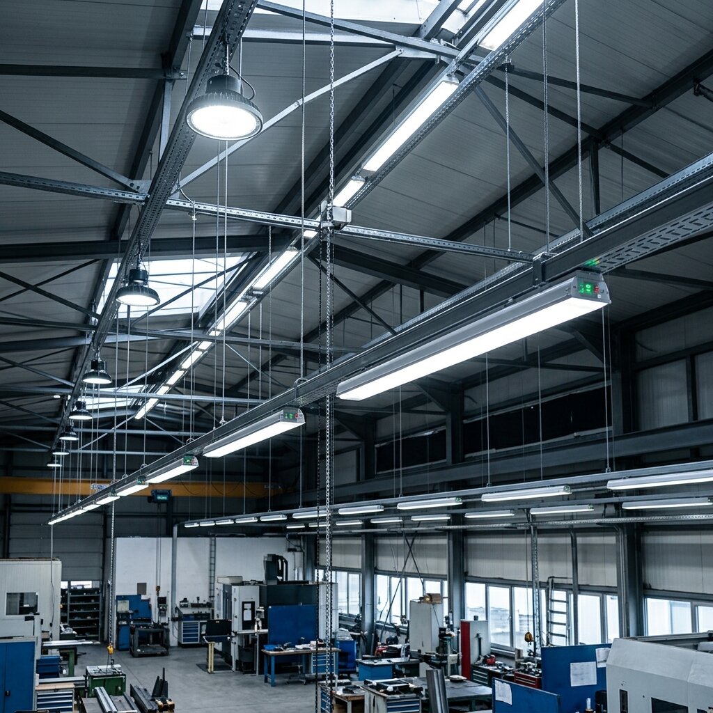 Промышленные подвесные светодиодные светильники в цехе с интегрированным аварийным освещением