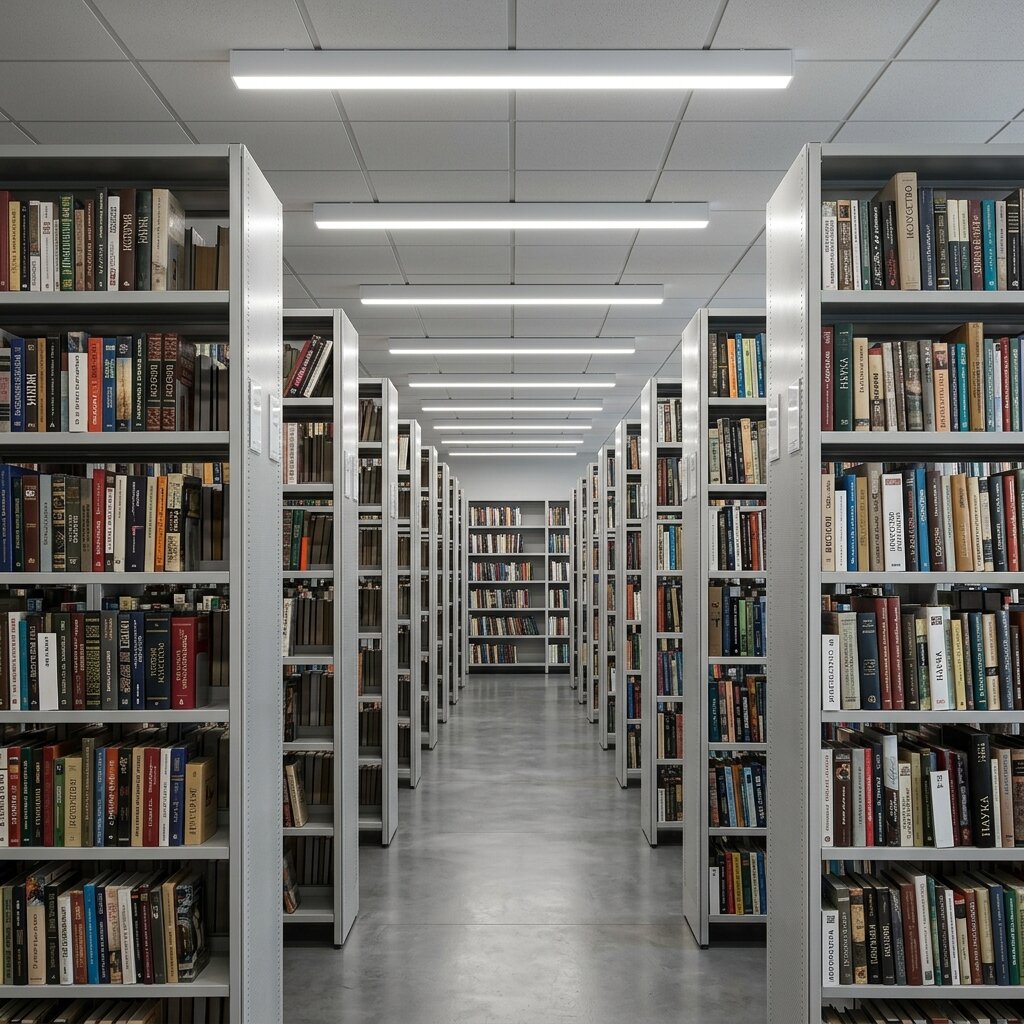 Линейные светодиодные светильники между рядами книжных стеллажей в библиотеке