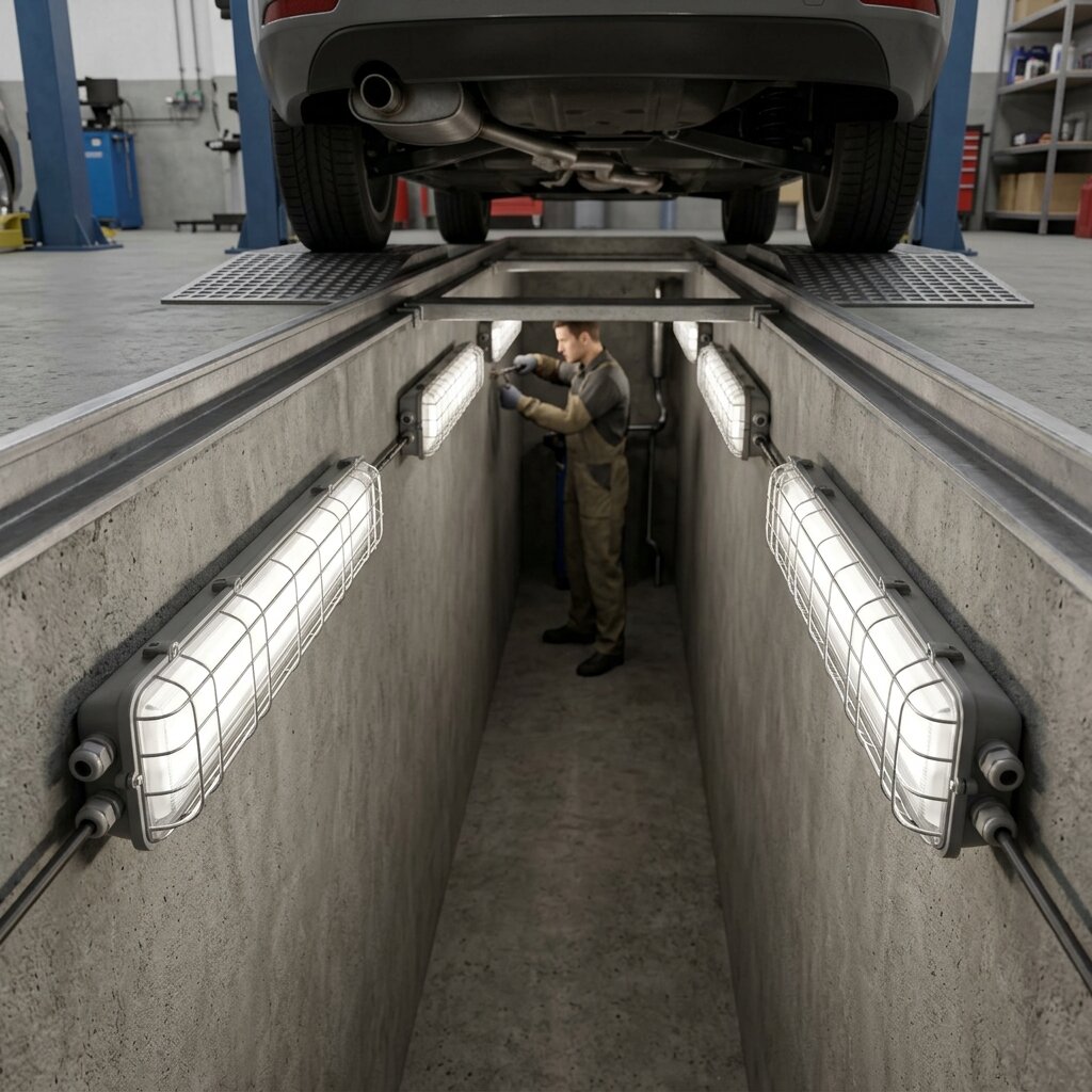 Освещение смотровой ямы автосервиса боковыми настенными линейными светильниками IP65