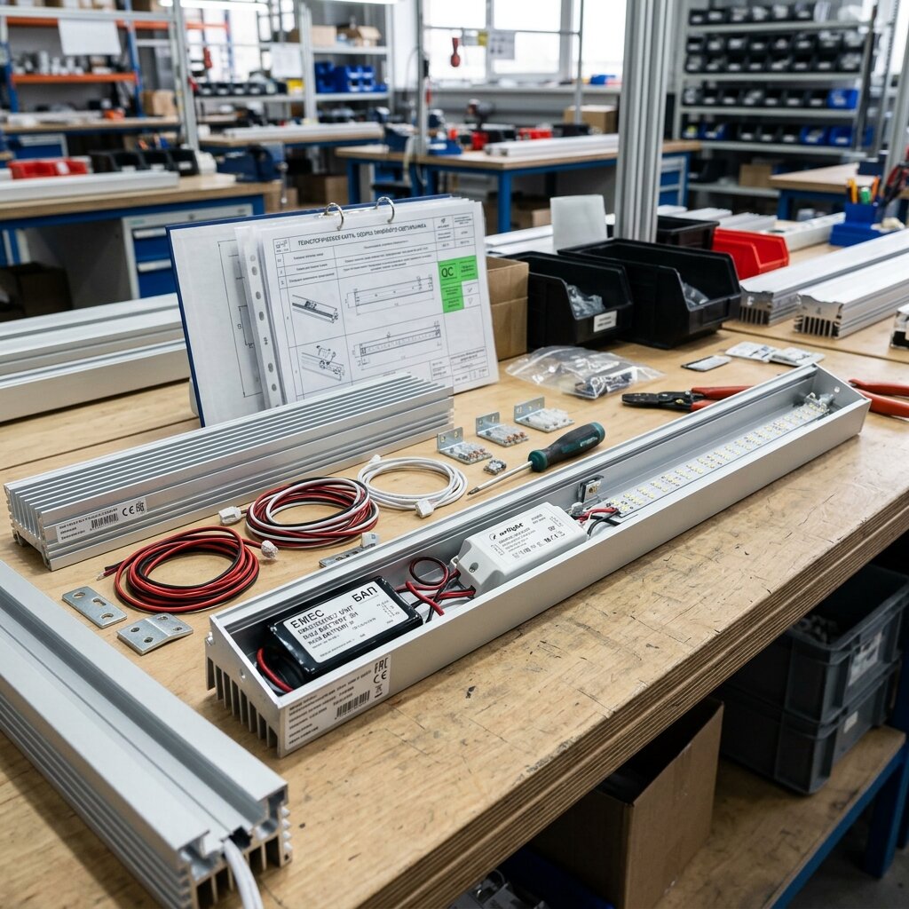 Сборка светодиодных линейных светильников с блоками аварийного питания на производстве DC-Light