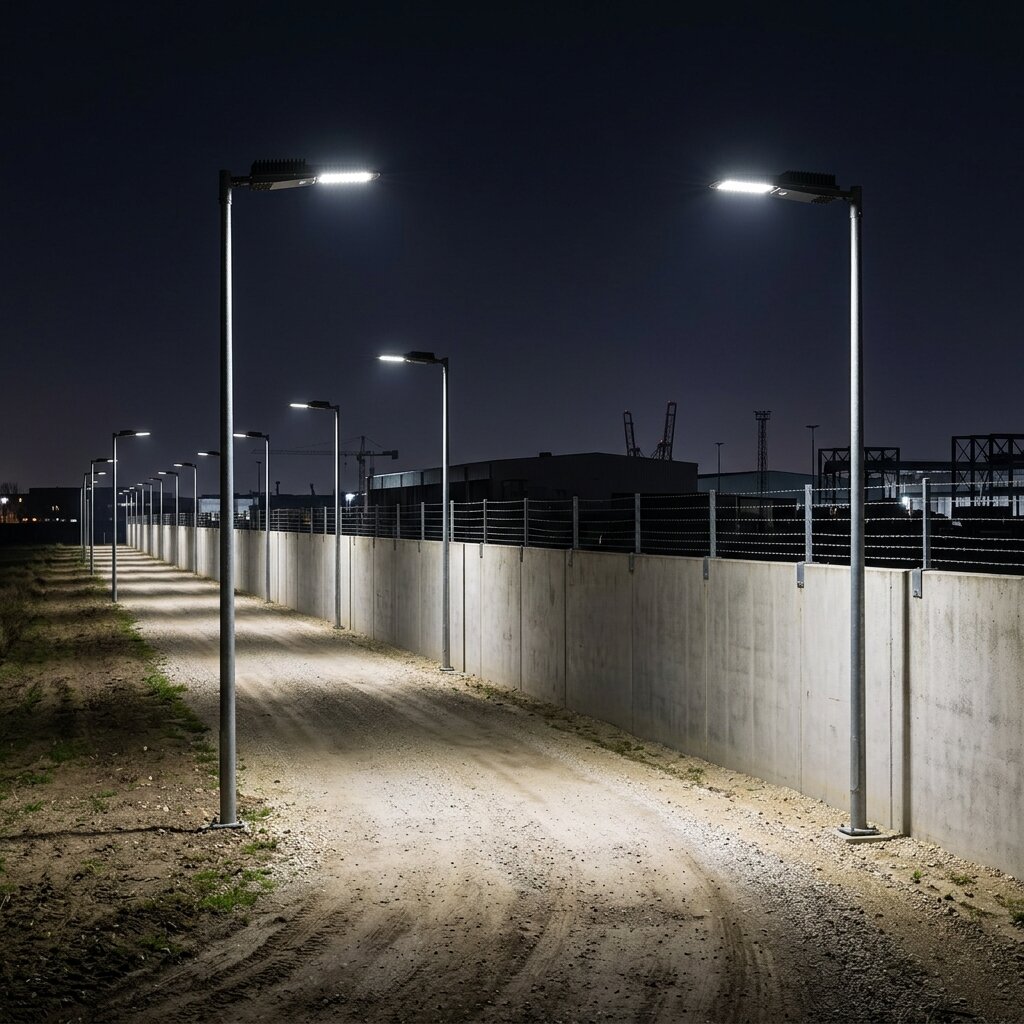 Охранное освещение периметра промышленного объекта со светодиодными светильниками на опорах