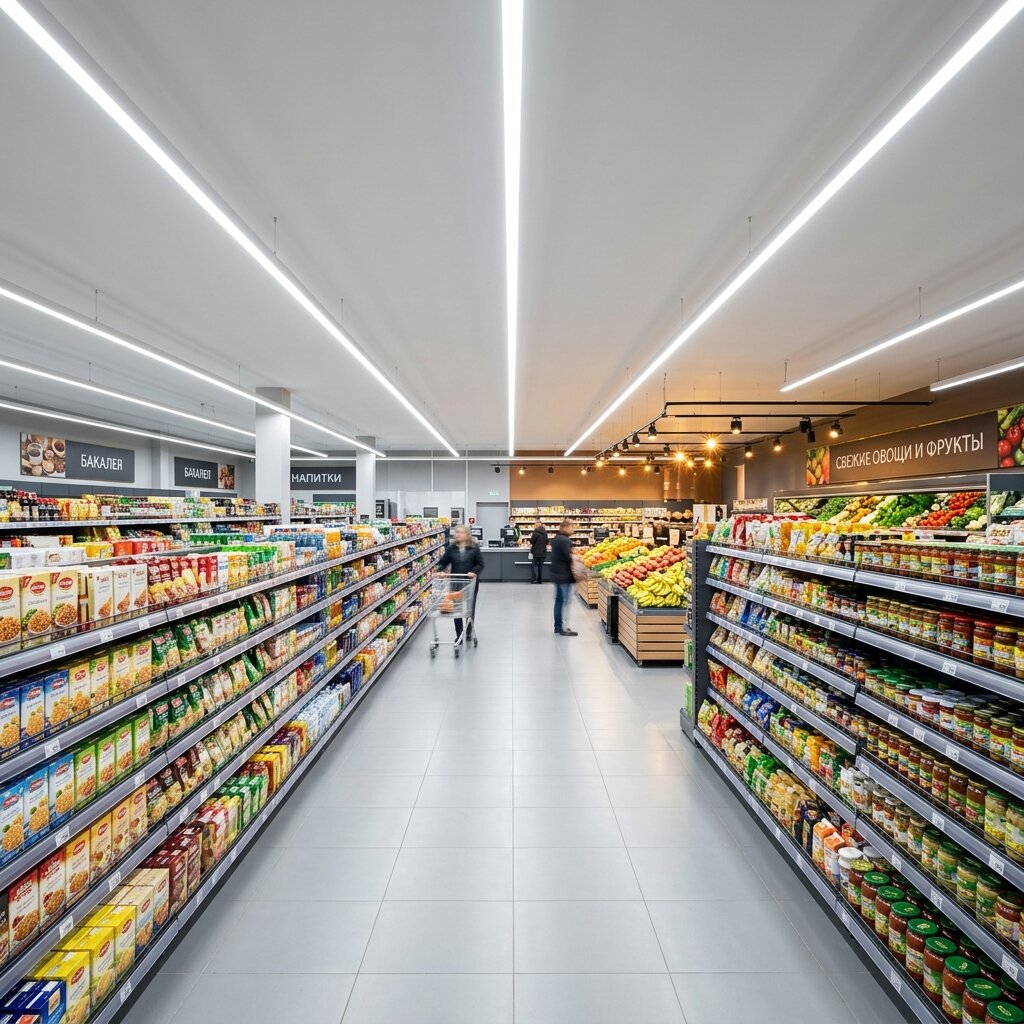 Светодиодное освещение торгового зала супермаркета линейными светильниками