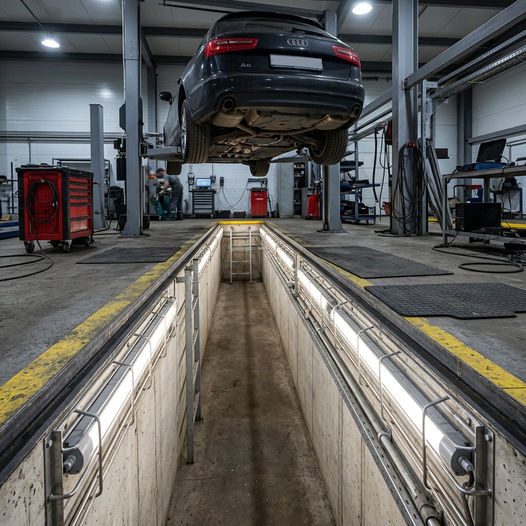 Нестандартные линейные светодиодные светильники с защитной решёткой в смотровой яме автосервиса