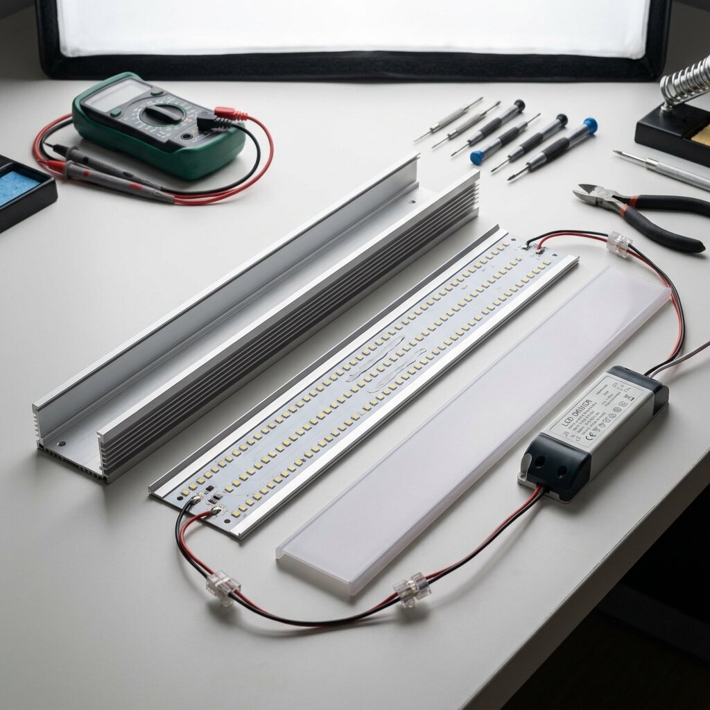 Разобранный светодиодный светильник: LED-плата, драйвер, алюминиевый корпус и рассеиватель
