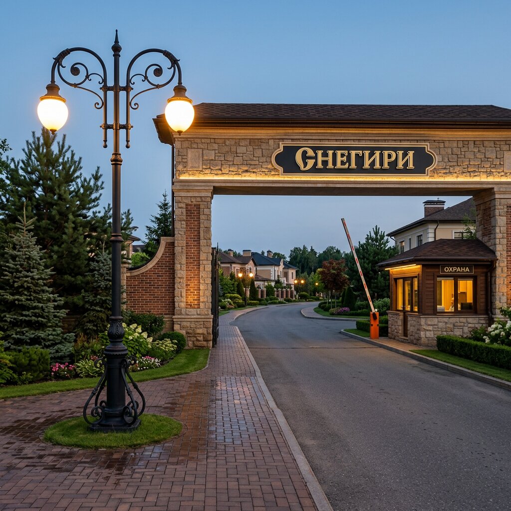 Декоративные опоры освещения и парковые светильники на въездной группе коттеджного посёлка