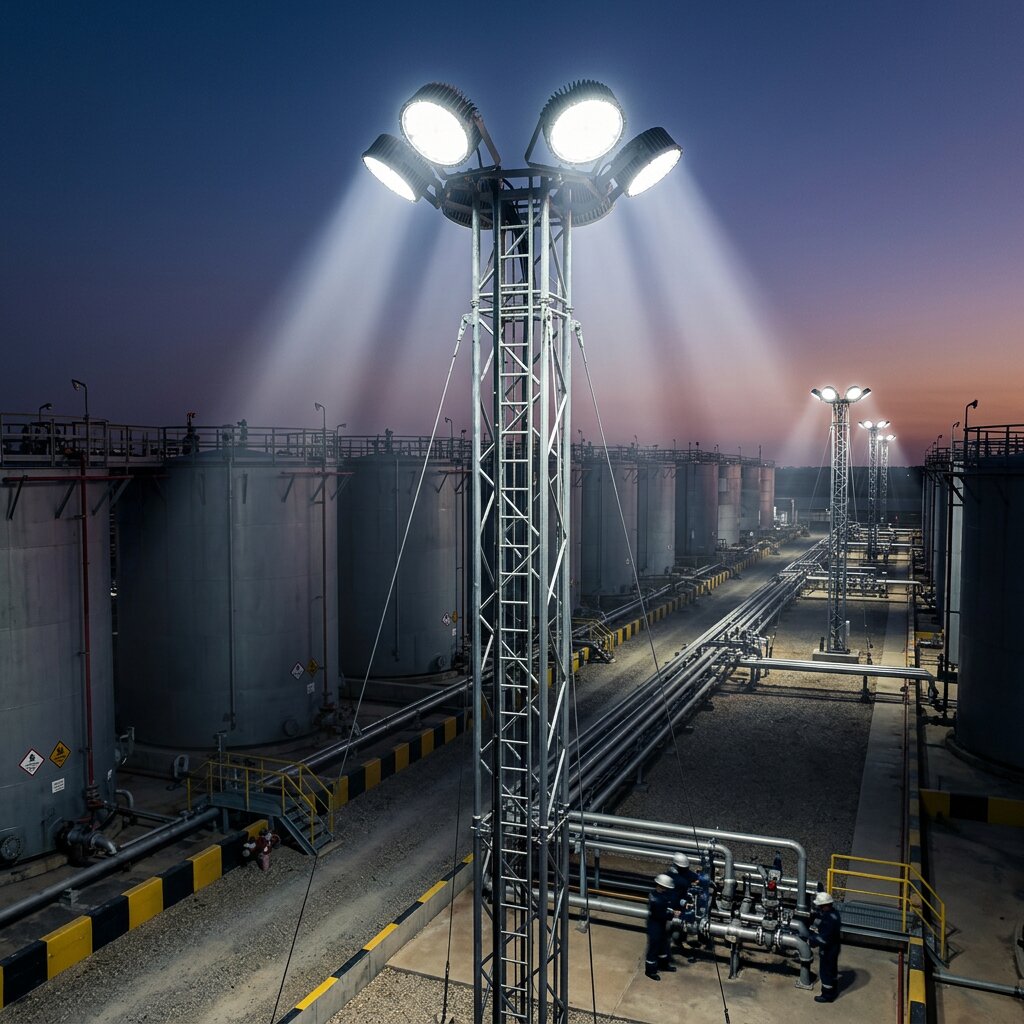 Мачта освещения со светодиодными прожекторами на резервуарном парке нефтебазы в сумерках