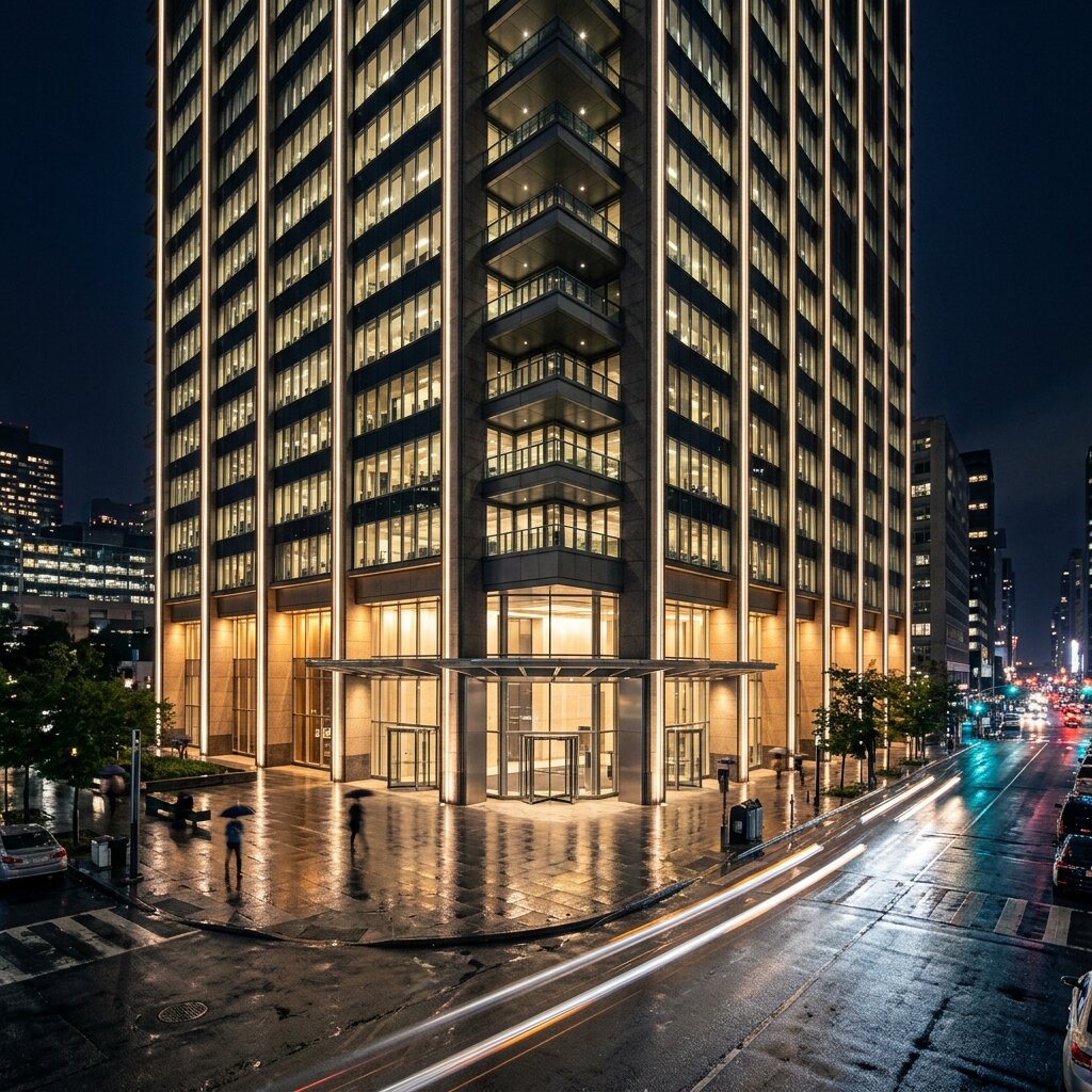 Проект архитектурного освещения фасада современного офисного здания ночью