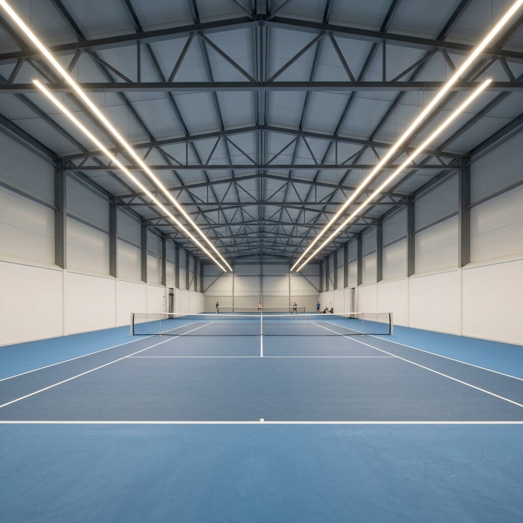 Линейные подвесные светильники для освещения крытого теннисного корта