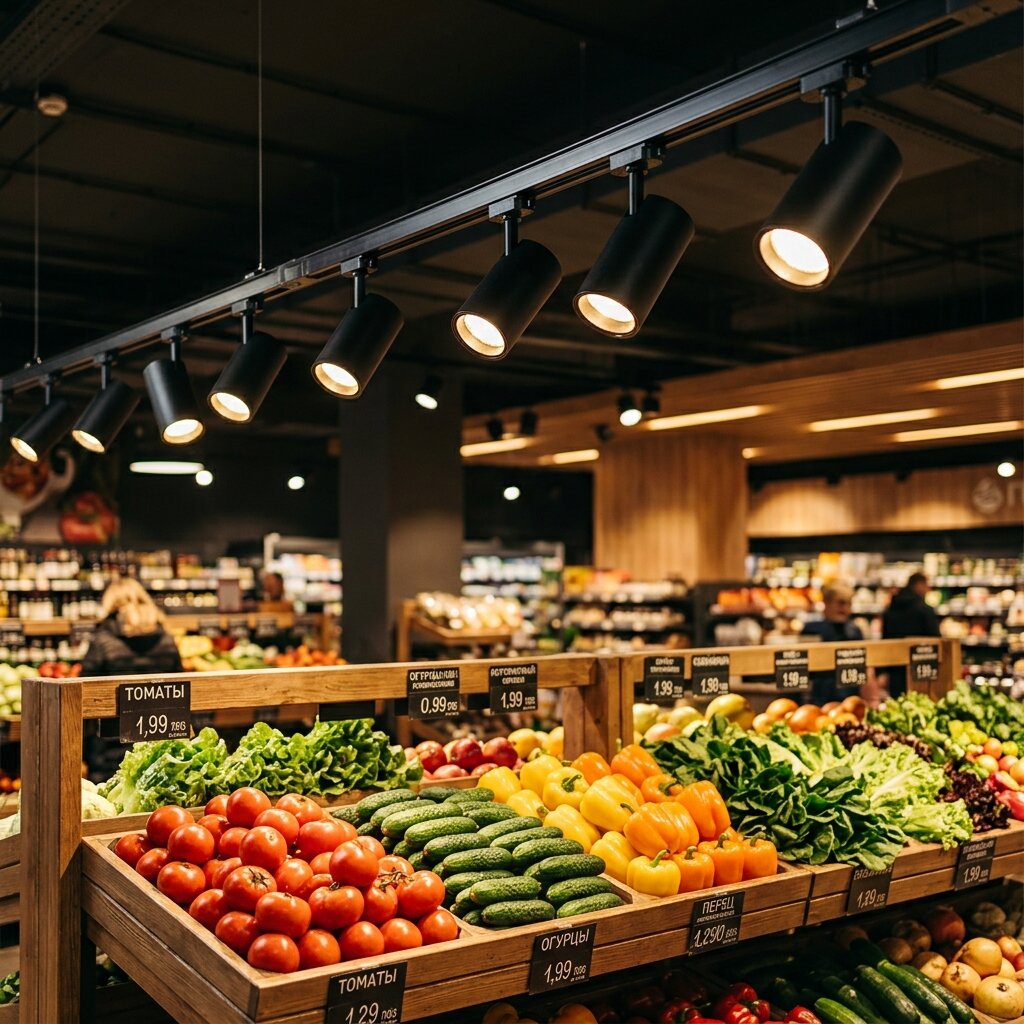 Акцентное освещение выкладки овощей и фруктов в продуктовом супермаркете
