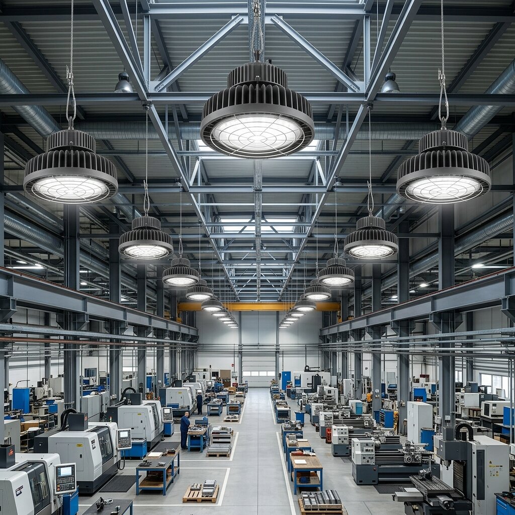 Освещение производственных помещений подвесными промышленными светодиодными светильниками в машиностроительном цехе