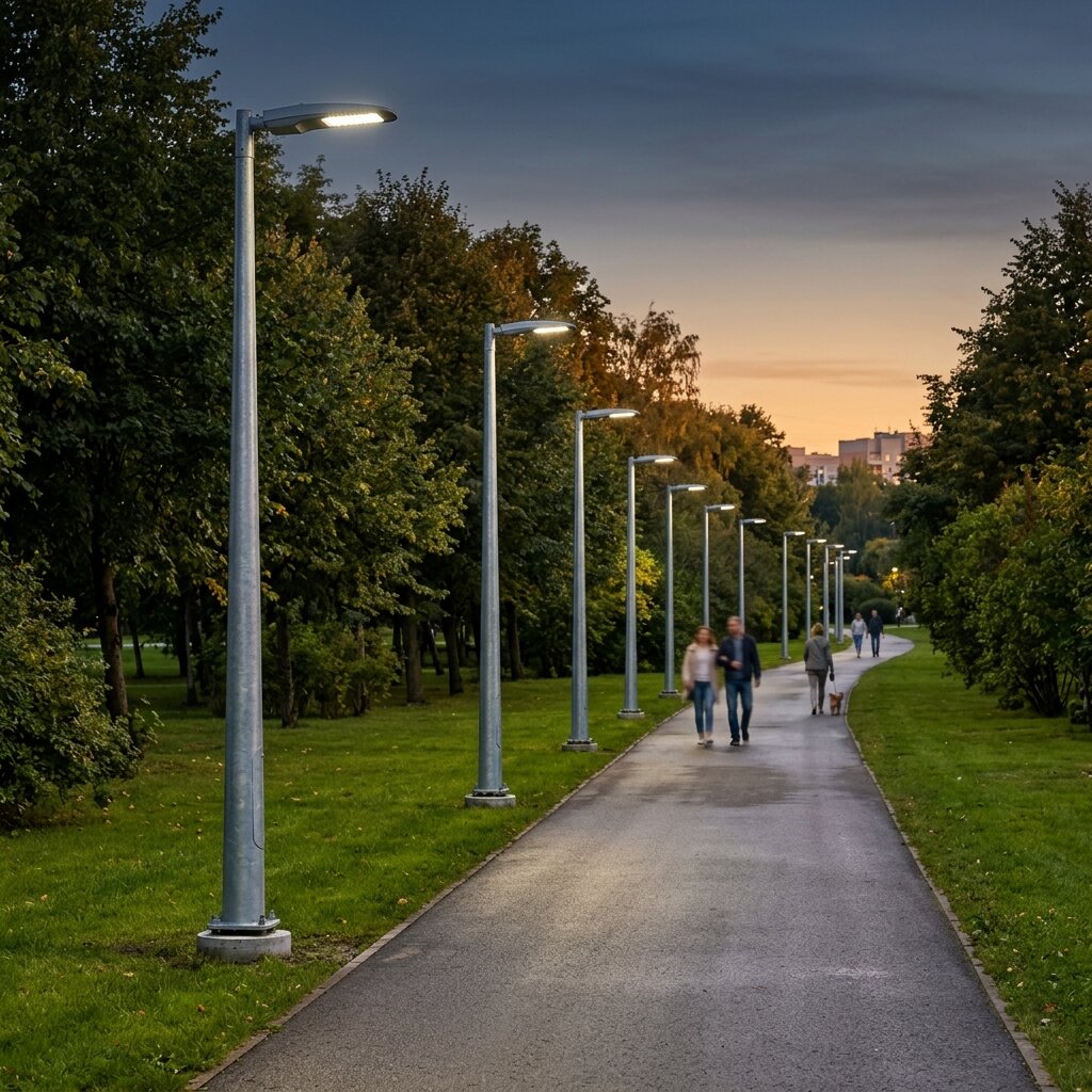 Металлические опоры уличного освещения с консольными LED-светильниками вдоль парковой аллеи