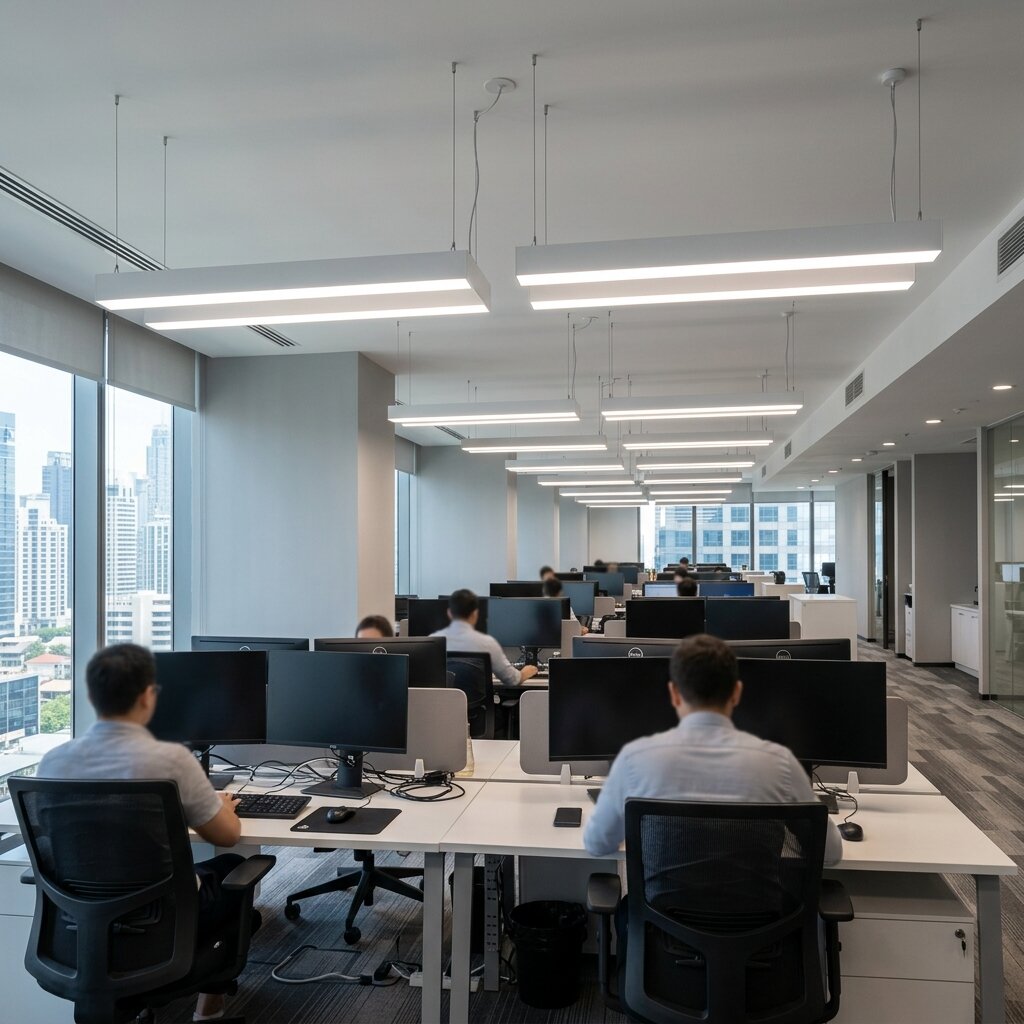 Освещение рабочего офисного помещения подвесными линейными светильниками
