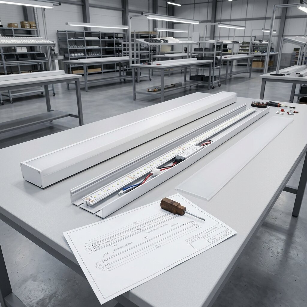 Сборка промышленного светодиодного светильника на заводе DC-Light по индивидуальному чертежу