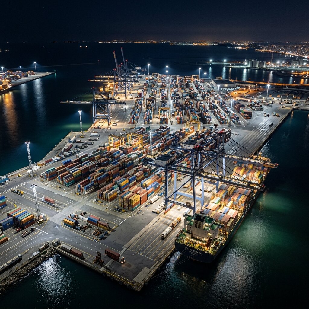 Ночное освещение морского порта мачтами с прожекторами на контейнерном терминале