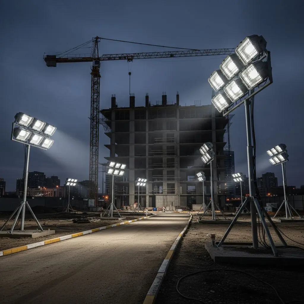Светодиодные прожекторы на мачтах освещают строительную площадку в сумерках