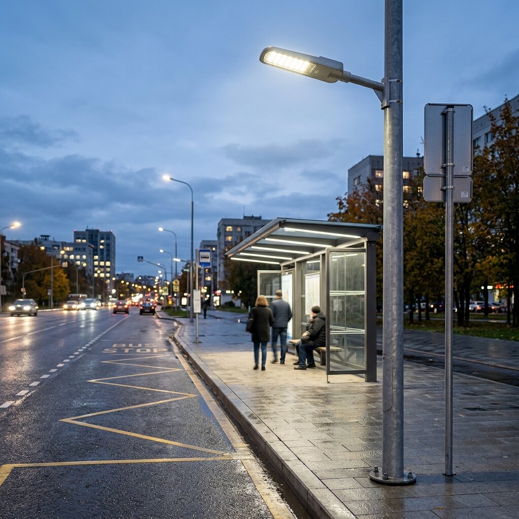 Освещение автобусной остановки консольным светодиодным светильником на опоре в вечернее время