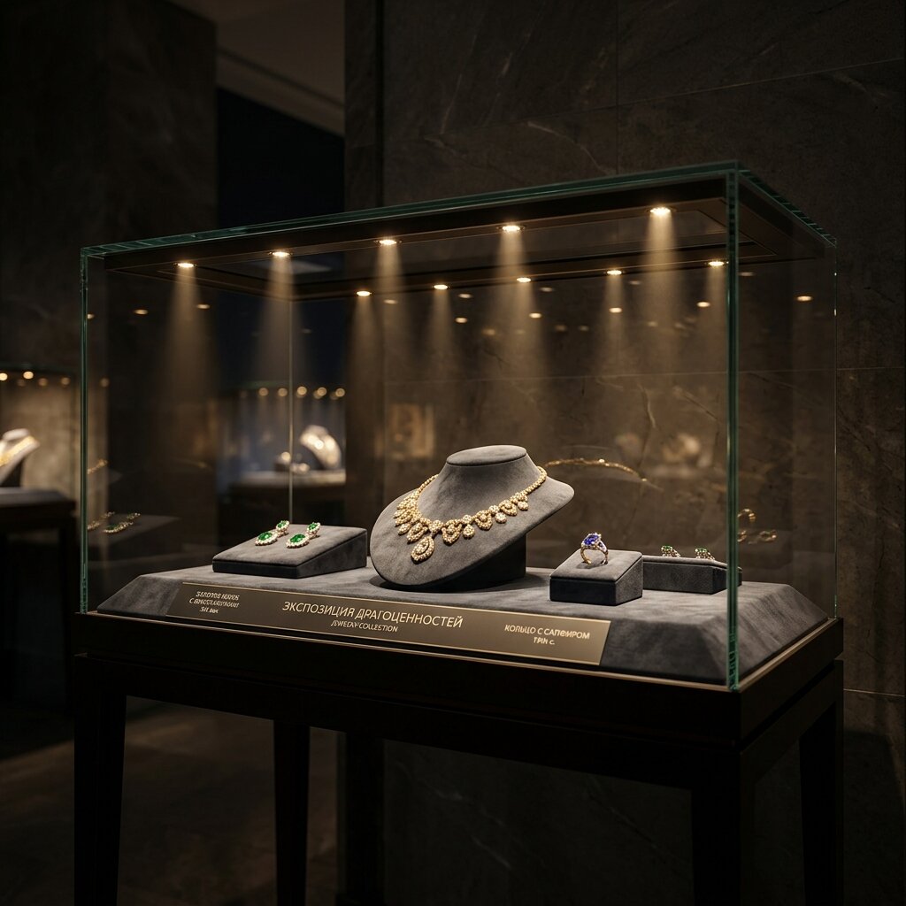 Встроенная светодиодная подсветка витрины с ювелирными экспонатами в музее