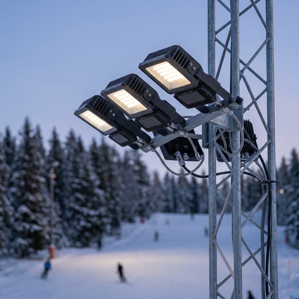 Светодиодные прожекторы на консоли мачты освещения горнолыжного склона крупным планом