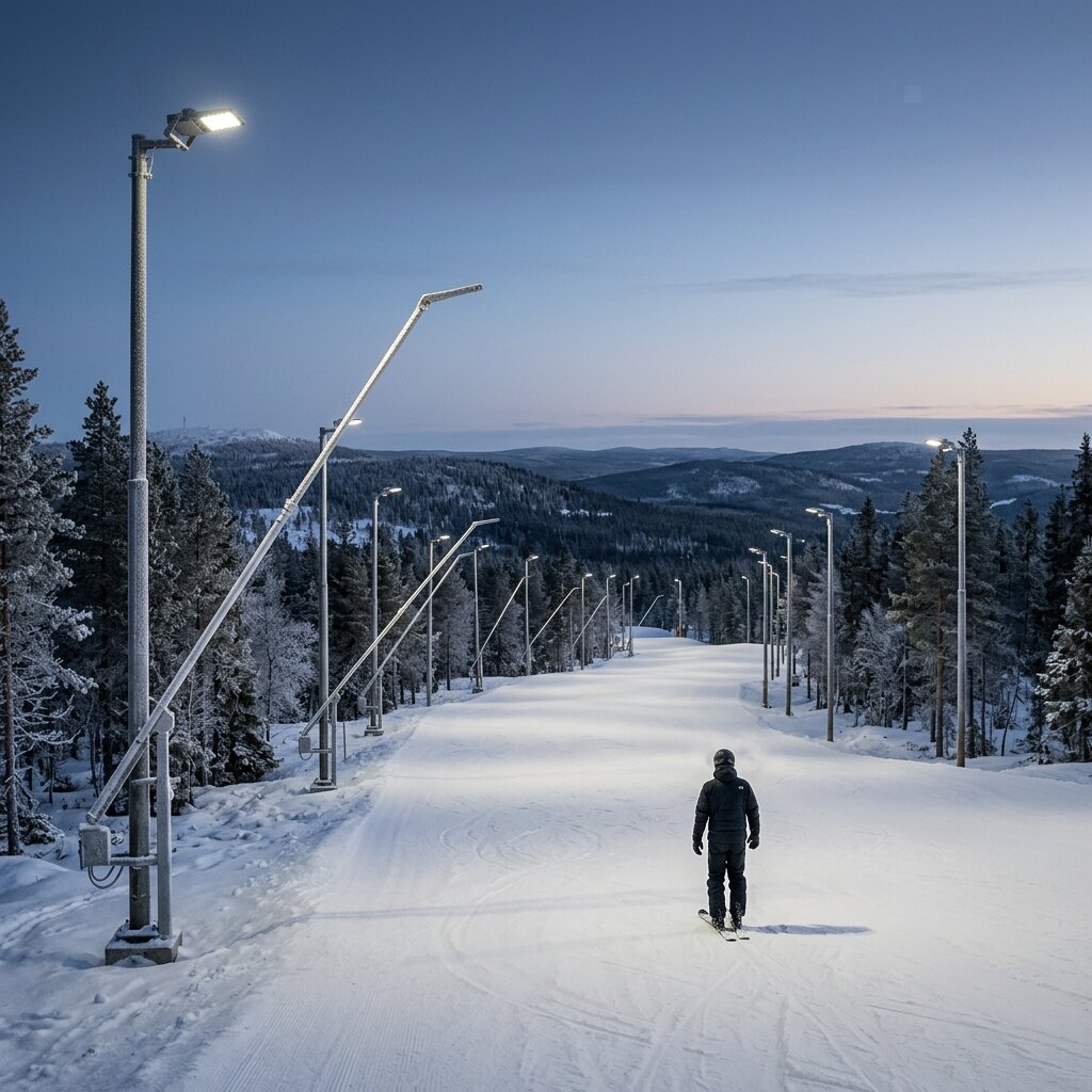 Освещённая горнолыжная трасса с опорами и светодиодными прожекторами в темное время суток