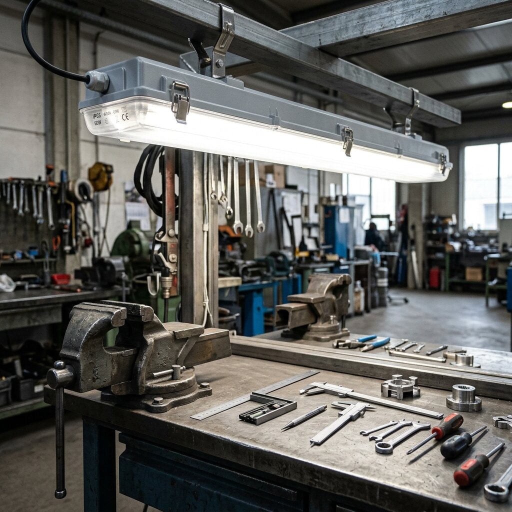 Освещение слесарной мастерской с подвесными линейными светодиодными светильниками над верстаками