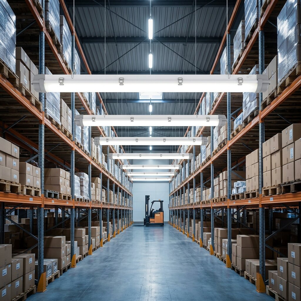 Освещение складского помещения линейными пылевлагозащищёнными светодиодными светильниками IP65